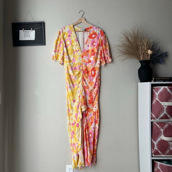 Rixo Ariel Floral Colorblock Ruffled V-Neck Short Sleeve Cocktail Maxi Dress 10 - Picture 2 of 10